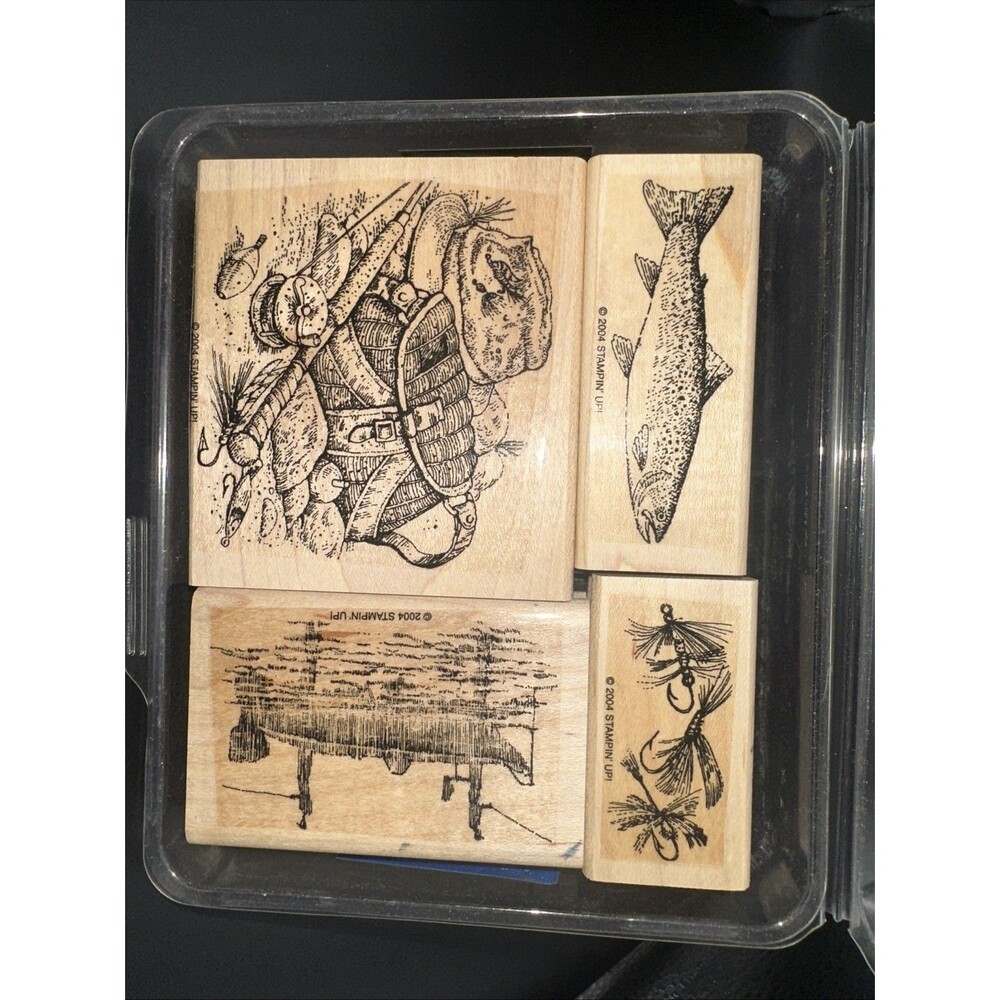 Stampin' Up! Angler 4 Stamp Set 2004 Fishing Rubber Wood Case Included lake
